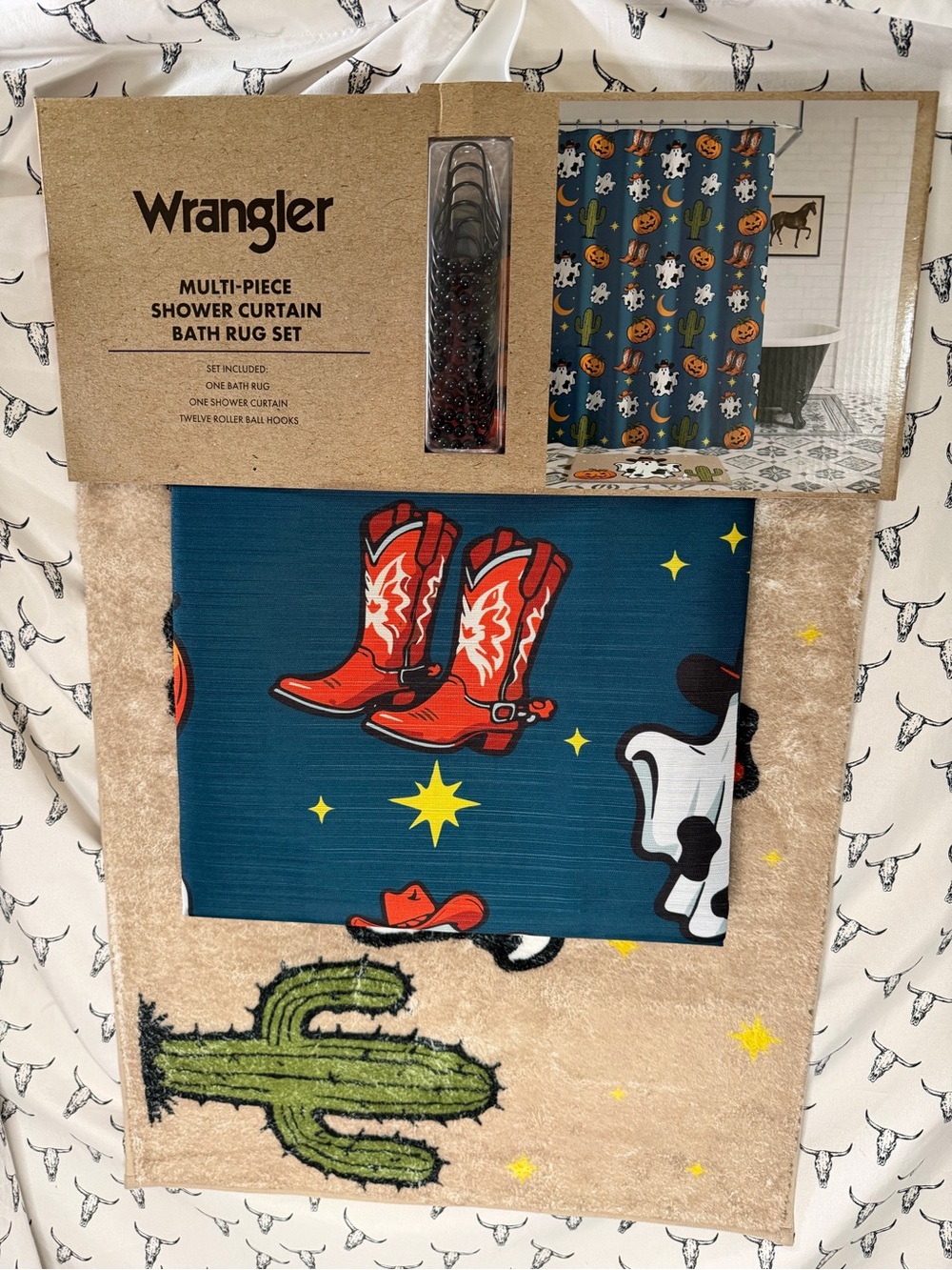 Wrangler Teal Shower Curtain & Tan Bath Rug Set with Red Boots